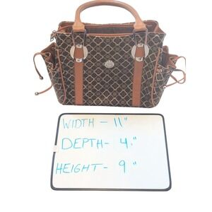 Women's Brown Tan Monogram Satchel Tote Faux Leather PVC Top Handle Purse Zipper